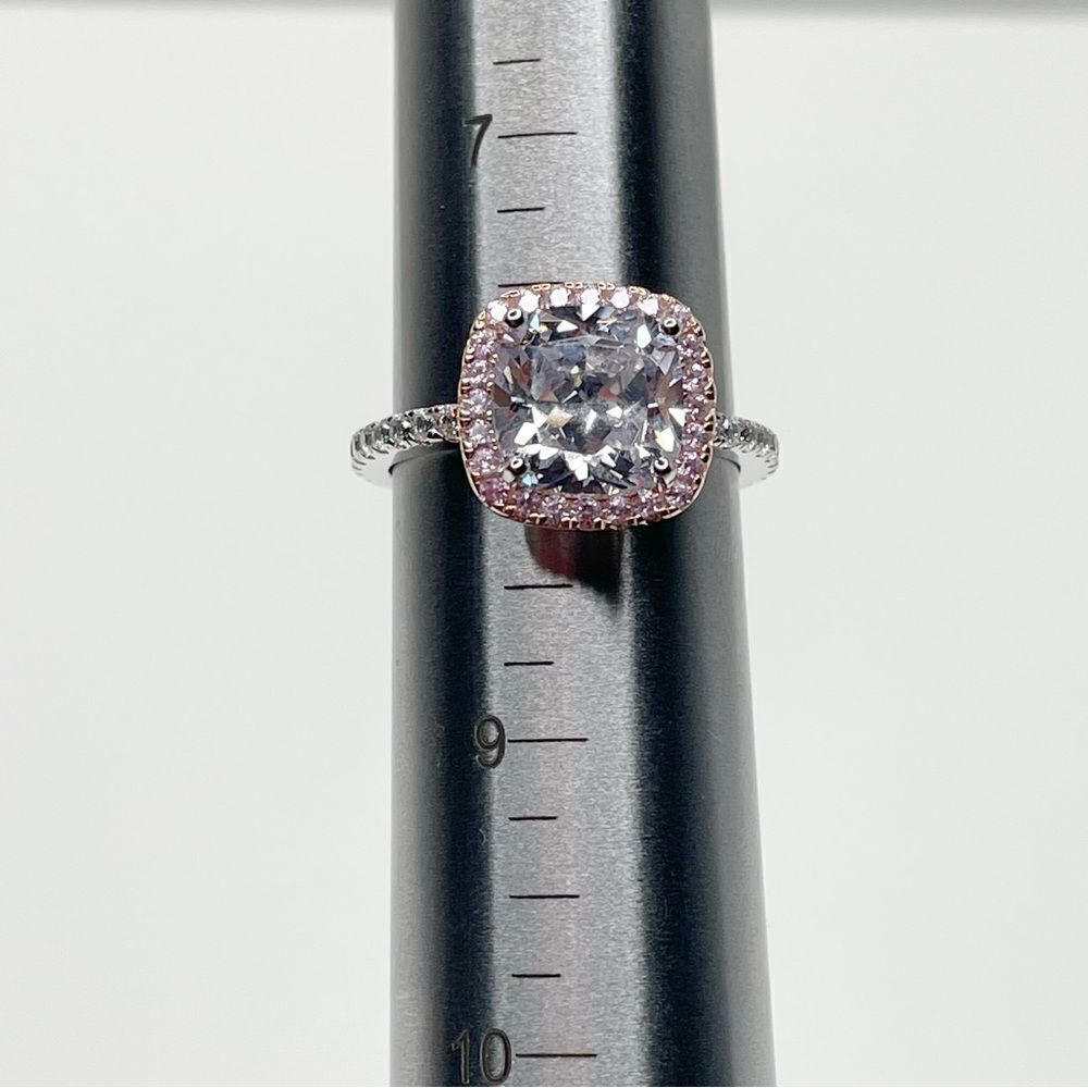 NEW STERLING SILVER  Two Tone Cushion Cut Clear and Pink Simulated Diamond Ring